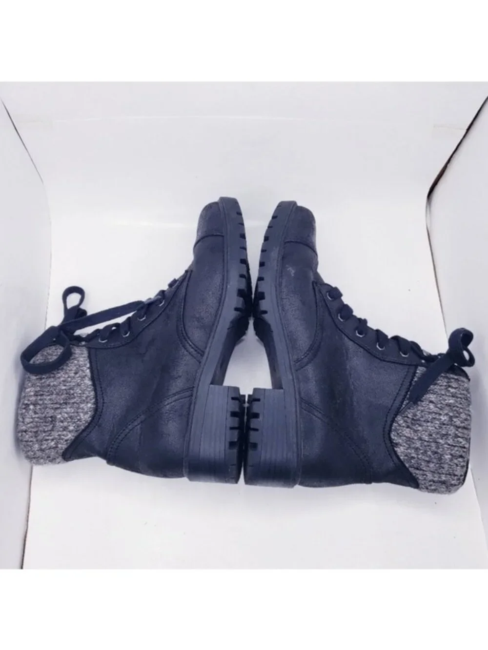 Universal Thread Black Faux Leather Lace Up Boots Knit Sock Trim Womens Size 9.5